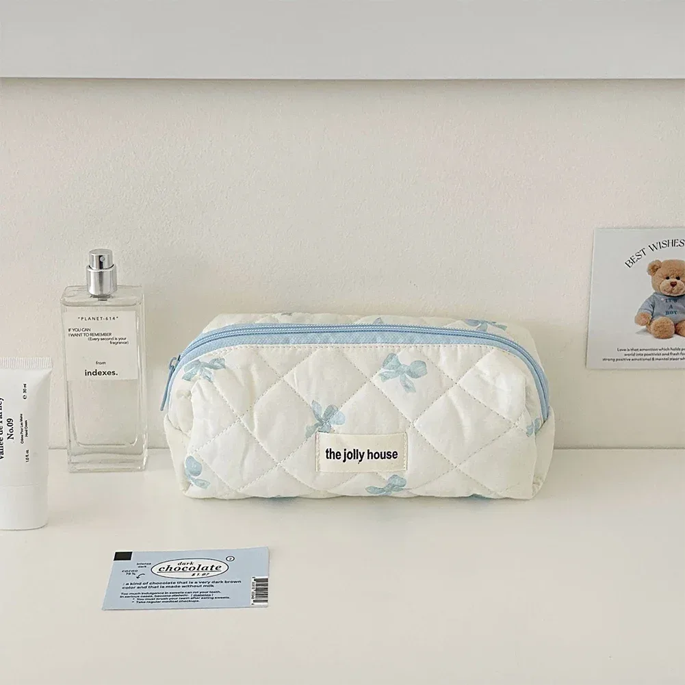 trousse de maquillage en coton matelassé pour femmes, trousse de toilette portable pour filles, trousse de maquillage à fermeture éclair, trousse de toilette à nœud mignon, sac à main pour gril à fleurs