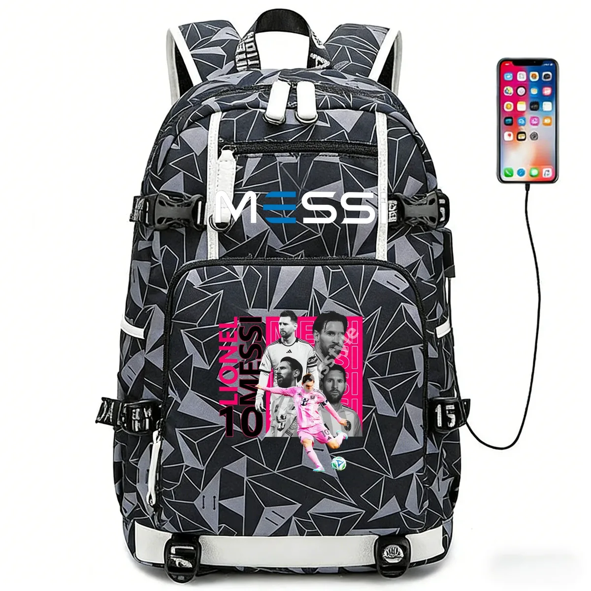 sac à dos de sport de football messi en tissu oxford avec fermeture à loquet, grande capacité, pour ordinateur portable, loisirs, voyage, école et étudiants