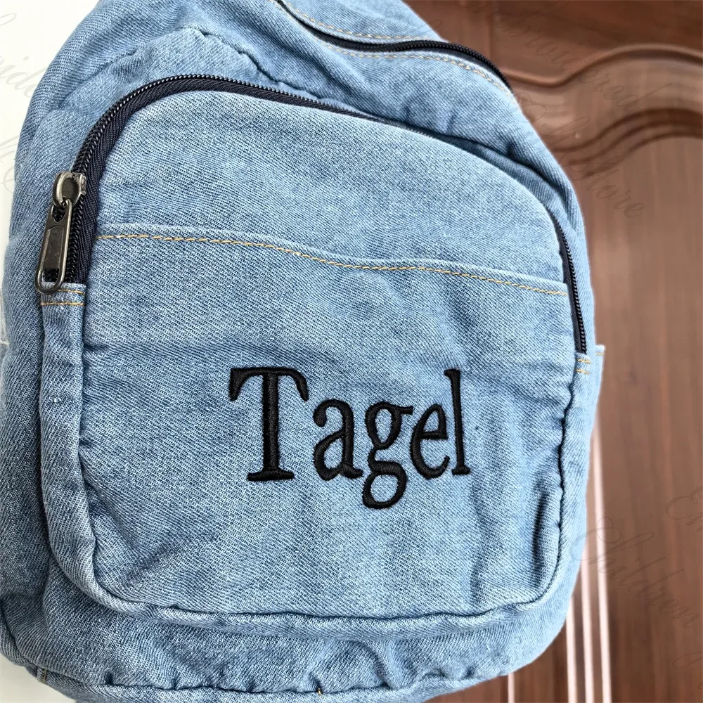 sac à dos en denim avec nom brodé pour femmes, sac de voyage en toile denim pour l'extérieur, nom personnalisé, cartable pour étudiants