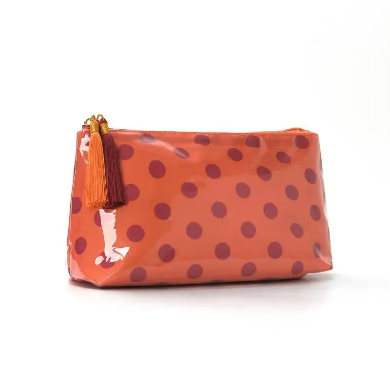 sac à cosmétiques rétro à pois en pvc, sac de maquillage avec franges et fermeture éclair, trousse de toilette de voyage étanche, étui pour pinceaux de maquillage