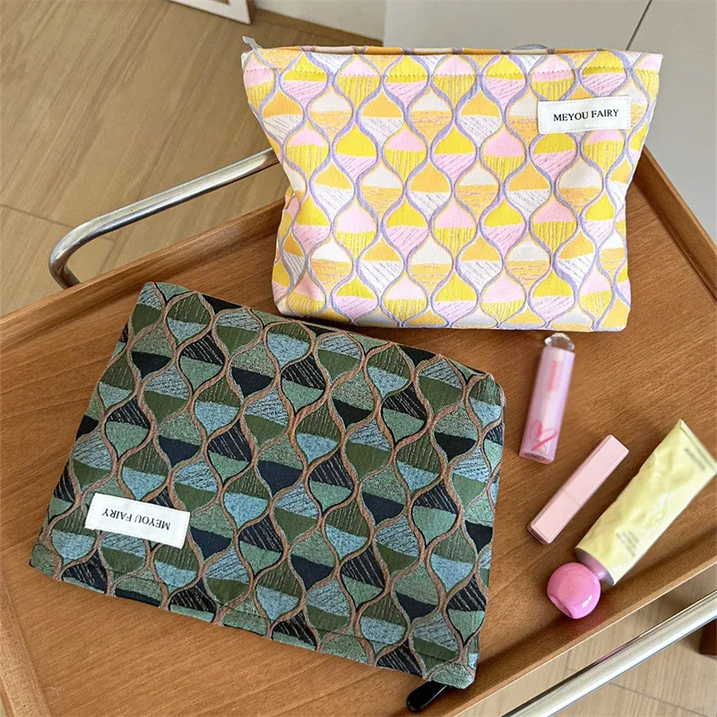 trousse de maquillage artistique de haute qualité à texture olive et blocs de couleurs, pochette cosmétique portable avec fermeture éclair, étui de rangement en toile pour articles de toilette