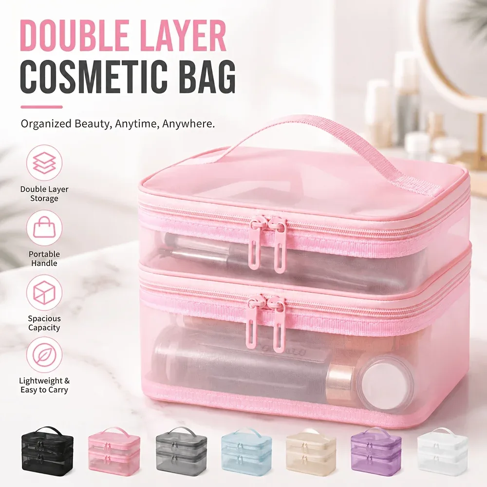 Sac de rangement pour articles de toilette transparent à double couche et grande capacité, organisateur de cosmétiques portable avec compartiments