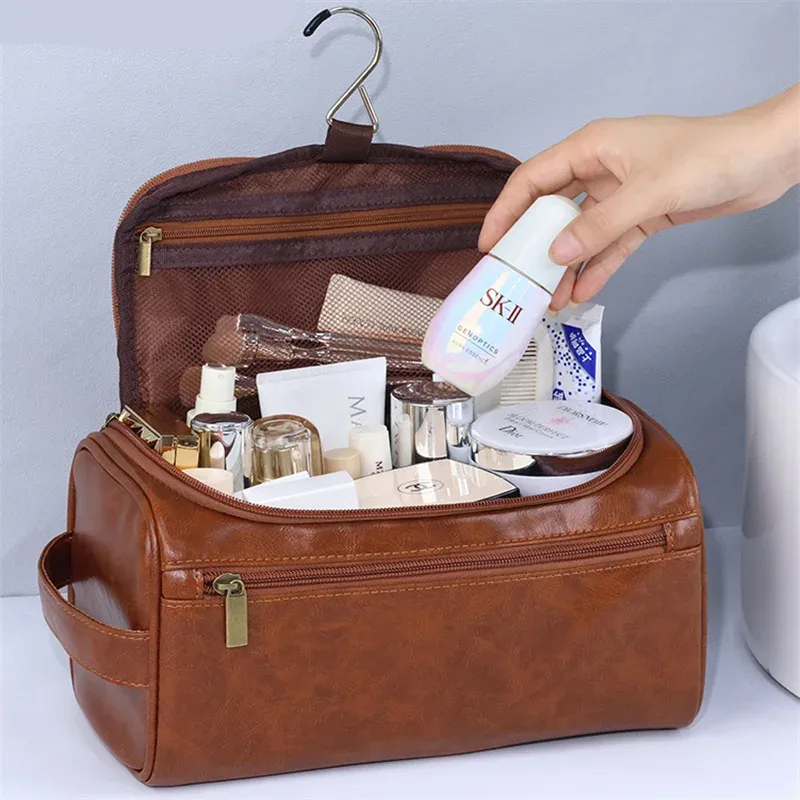 Trousse de toilette en cuir pour hommes et femmes, trousse de toilette suspendue pour hommes, trousse de toilette de voyage pour voyager, trousse à cosmétiques de grande capacité