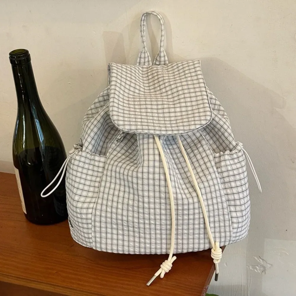 sacs à dos simples de couleur unie avec cordon de serrage, sacs à bandoulière coréens en toile plissée, sacs à dos décontractés légers en nylon à carreaux, unisexe