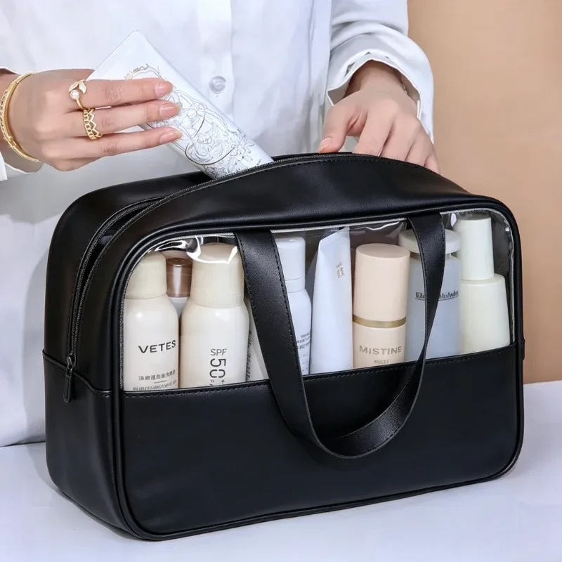 Sac cosmétique transparent de grande capacité - Pochette de voyage en PVC transparent, organiseur de rangement pour articles de toilette imperméable et anti-fuite