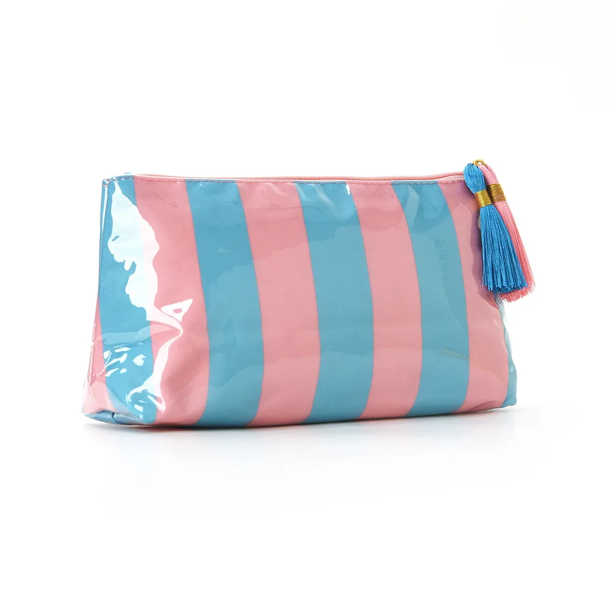 trousse de maquillage classique rayée avec fermeture éclair à franges, sac de voyage pour articles de toilette et soins de la peau, étui à pinceaux en pvc, organisation de voyage