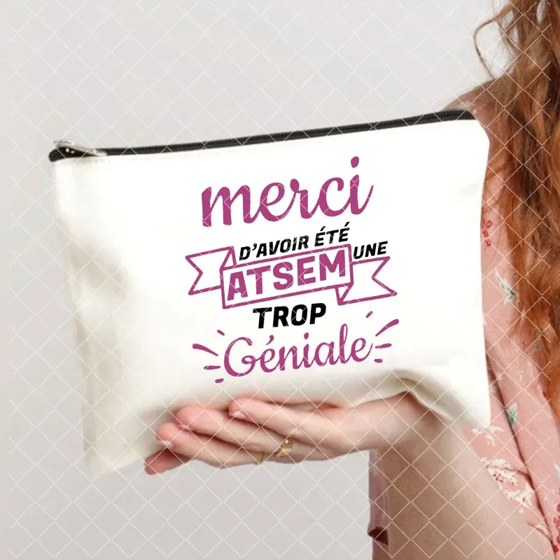 merci atsem – trousse de maquillage imprimée française, grande trousse à crayons, fournitures de papeterie scolaire, sac de rangement, pochette de lavage de voyage, cadeaux pour atsem