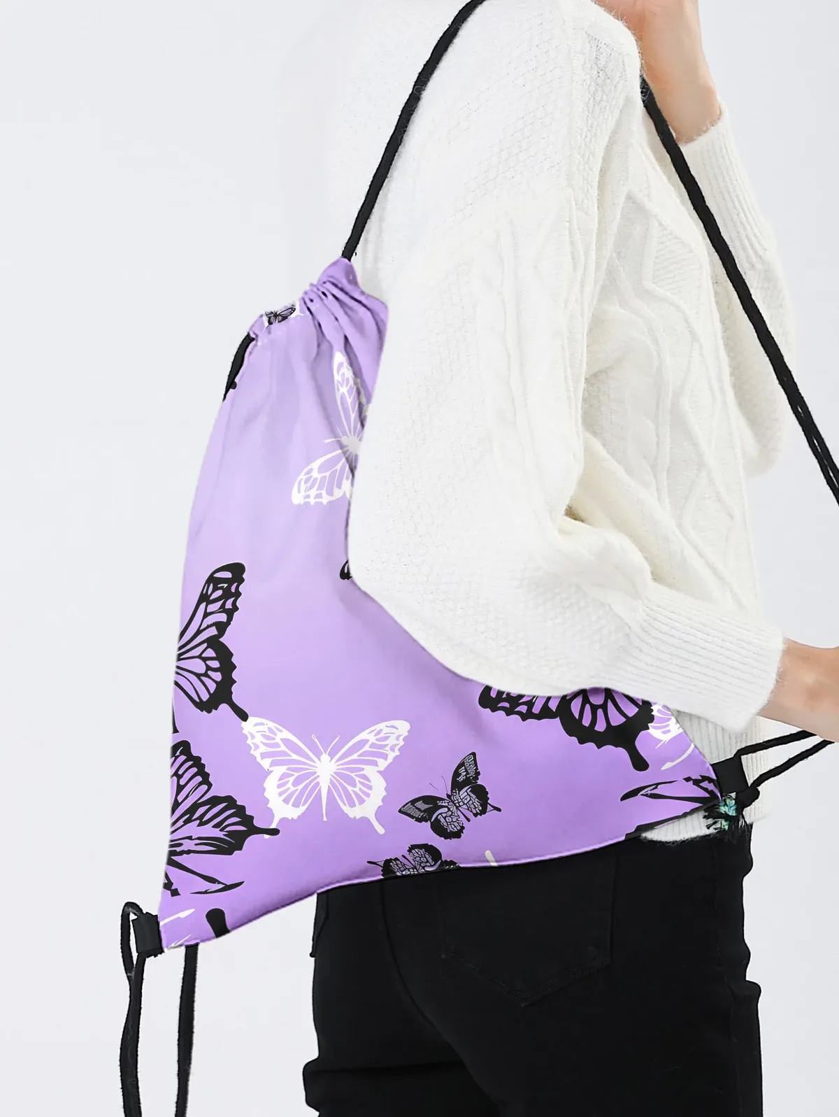 sac à dos à cordon de serrage imprimé papillon violet, sac de sport léger pour la salle de sport, le yoga, les voyages, l'école, les courses et les déplacements quotidiens