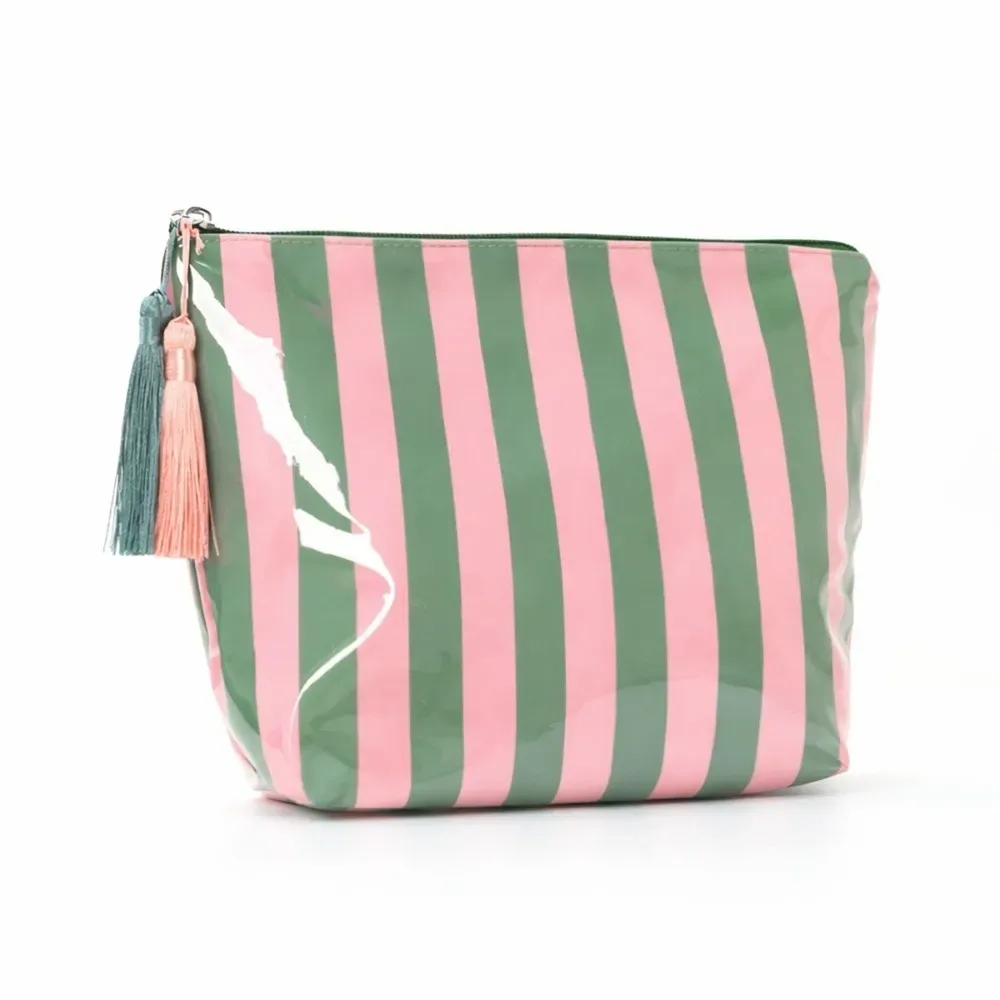 trousse de toilette de voyage portable à franges grande capacité design mignon sac cosmétique rayé en pvc fermeture éclair brillante pochette à pinceaux de maquillage
