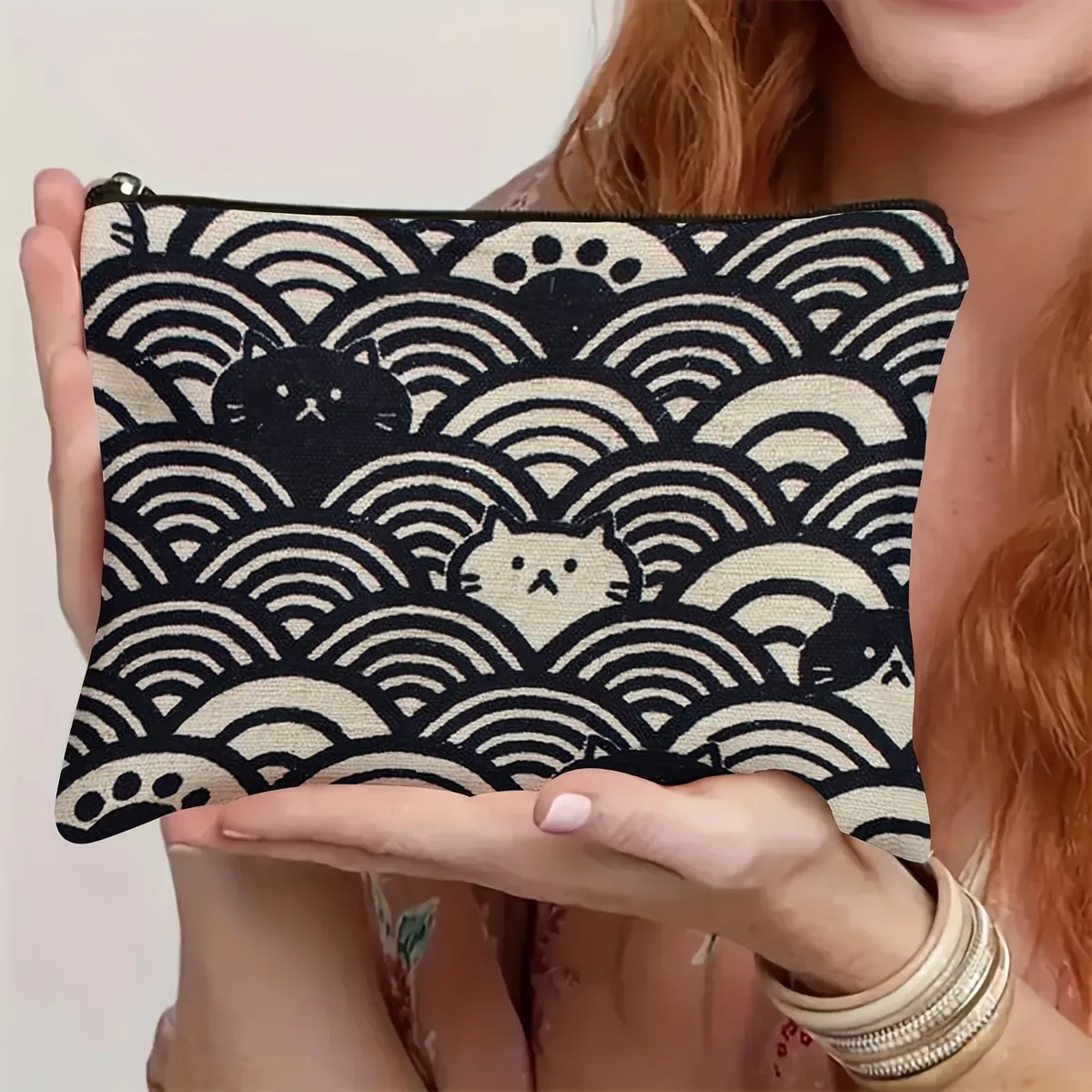 pochette de maquillage vintage japonaise seigaiha & neko avec fermeture éclair - motif vagues océaniques et chat, porte-monnaie, trousse à crayons - noir et beige