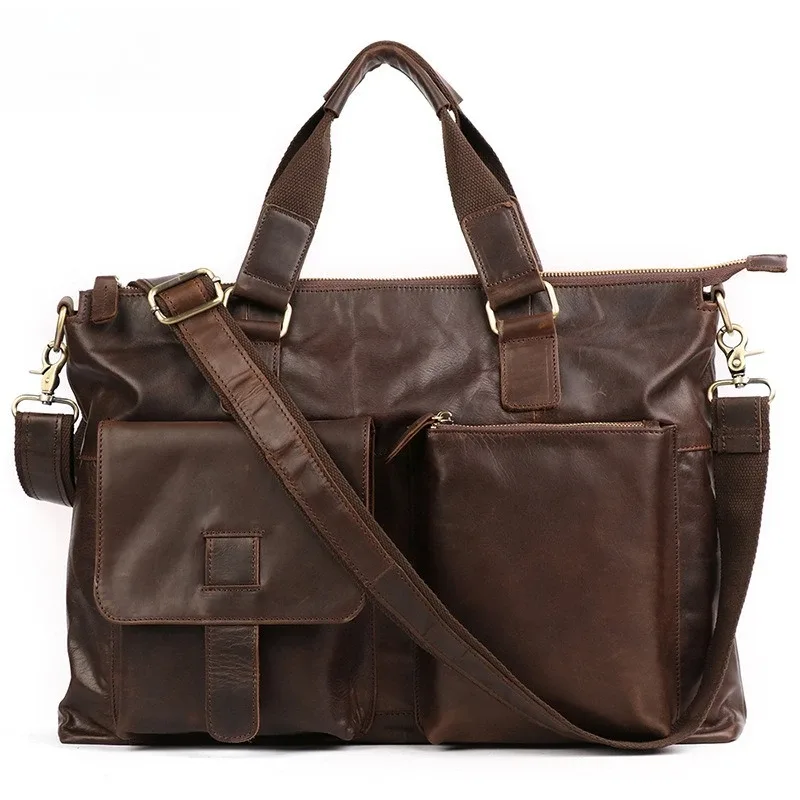 porte-documents d'affaires en cuir véritable pour hommes, sac pour ordinateur portable de 17 pouces, épaule horizontale, couche supérieure en peau de vache