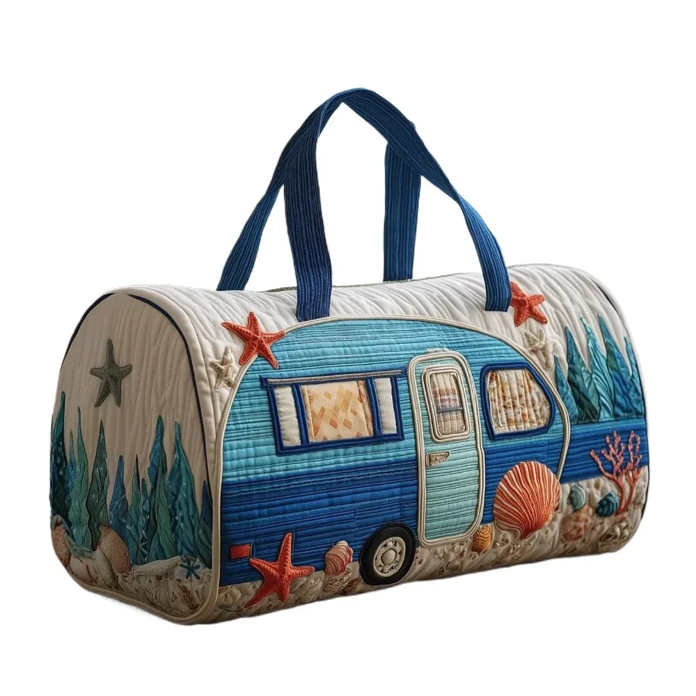 sac de voyage matelassé imprimé en 3d, design camping-car, avec coquillages et étoiles de mer, léger, sac de week-end, sac de voyage, sac de transport