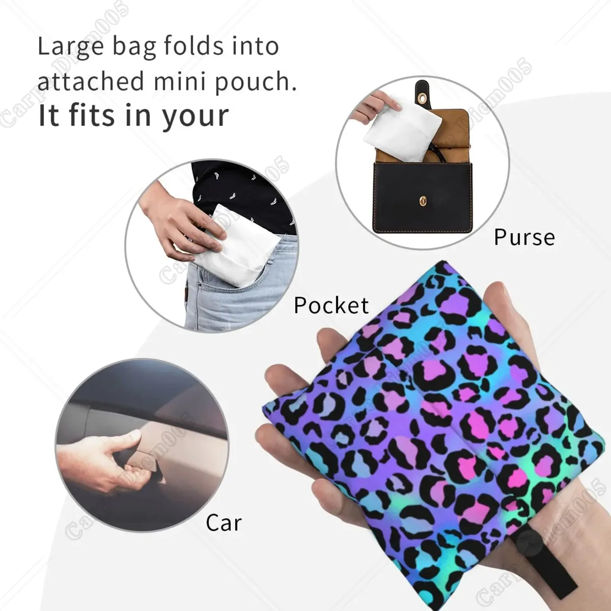sac de courses pliable imprimé léopard coloré pour hommes et femmes, sac fourre-tout portable, sacs d'épicerie recyclables, extérieur, taille unique
