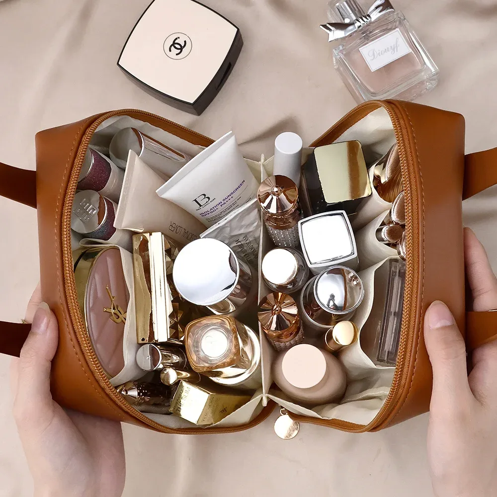 grande trousse de toilette de grande capacité, sac de rangement portable en cuir pu, organiseur de maquillage avec poignée