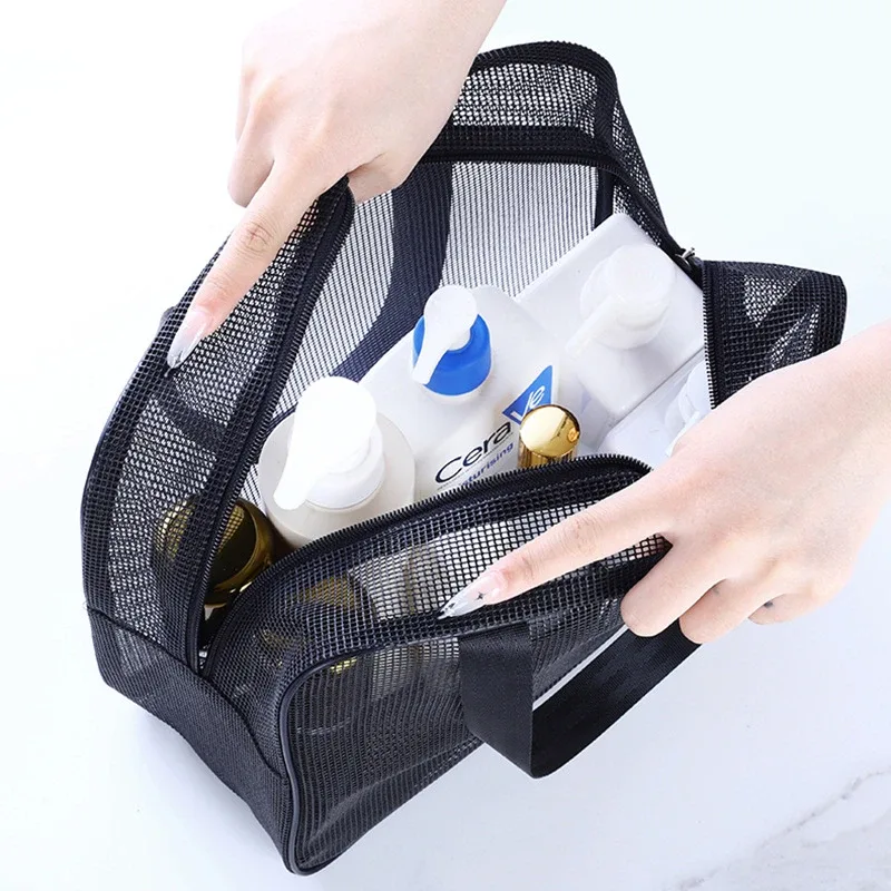 sac de douche en maille à double fermeture éclair, sac de rangement cosmétique multifonctionnel grande capacité 2026