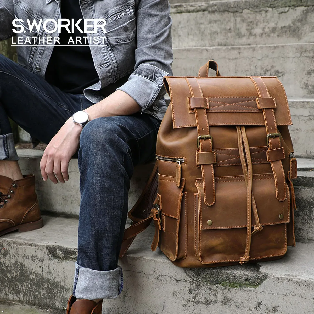 S.WORKER Sac à dos vintage en cuir véritable pour homme, sac pour ordinateur portable, sac d'école décontracté en cuir Crazy Horse, sac de voyage pour week-end en plein air