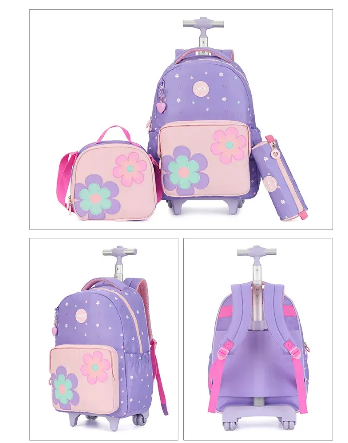 sac à dos roulant de voyage pour ordinateur portable, ensemble de sacs à roulettes d'école pour filles, sac à dos à roulettes pour filles