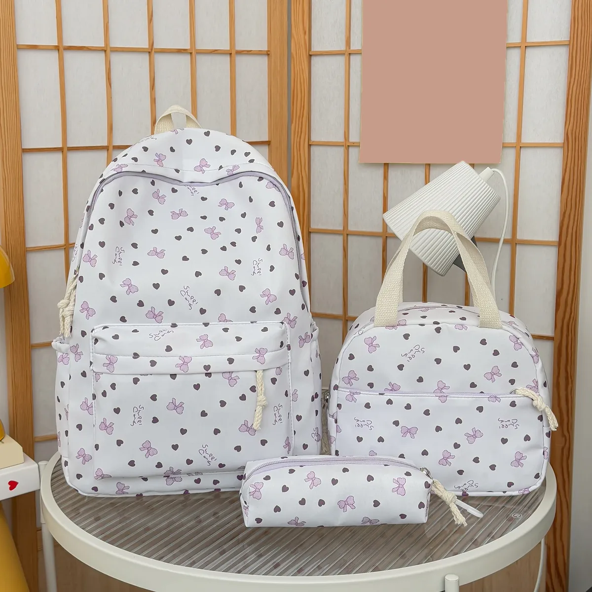 ensemble de sac à dos coquette bow love print kawaii avec boîte à lunch et trousse à crayons, sac à dos de voyage, sac d'école pour adolescentes, filles, étudiantes