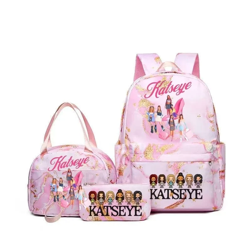 sacs à dos katseye à imprimé amusant avec sacs à lunch, multi-poches, camouflage, pour adolescents, sac à dos de voyage pour ordinateur portable, sac d'école pour femmes, mochila