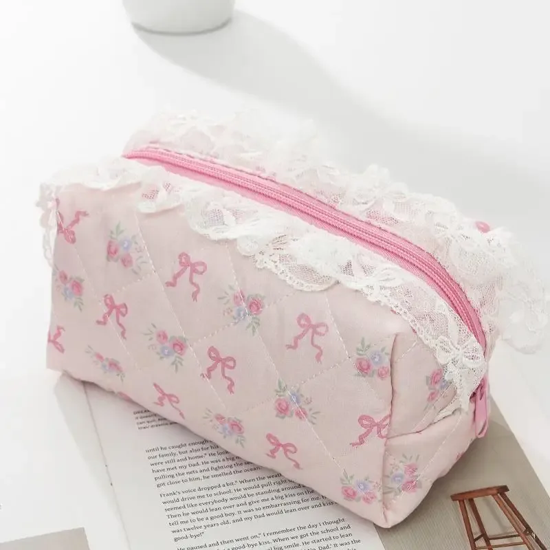 trousse de maquillage à imprimé floral, grande capacité, avec bord festonné et nœud, sac de rangement multifonctionnel pour filles, idéal pour les voyages