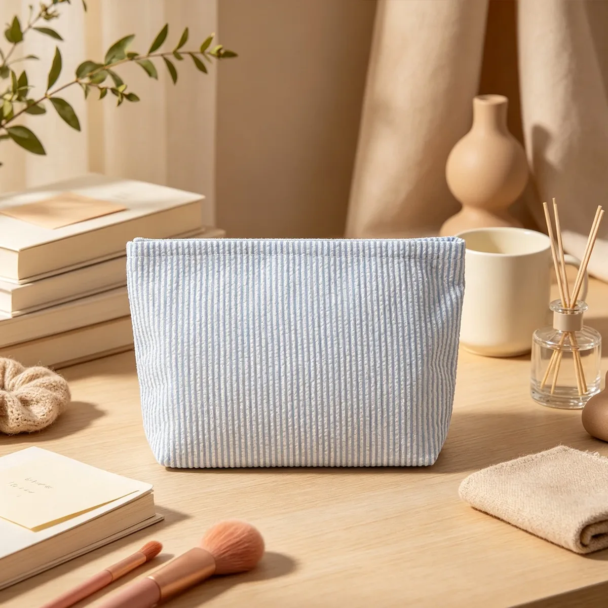 pochette à maquillage personnalisée en seersucker, pochette cosmétique en chenille avec nom, trousse de toilette de voyage, cadeau pour elle