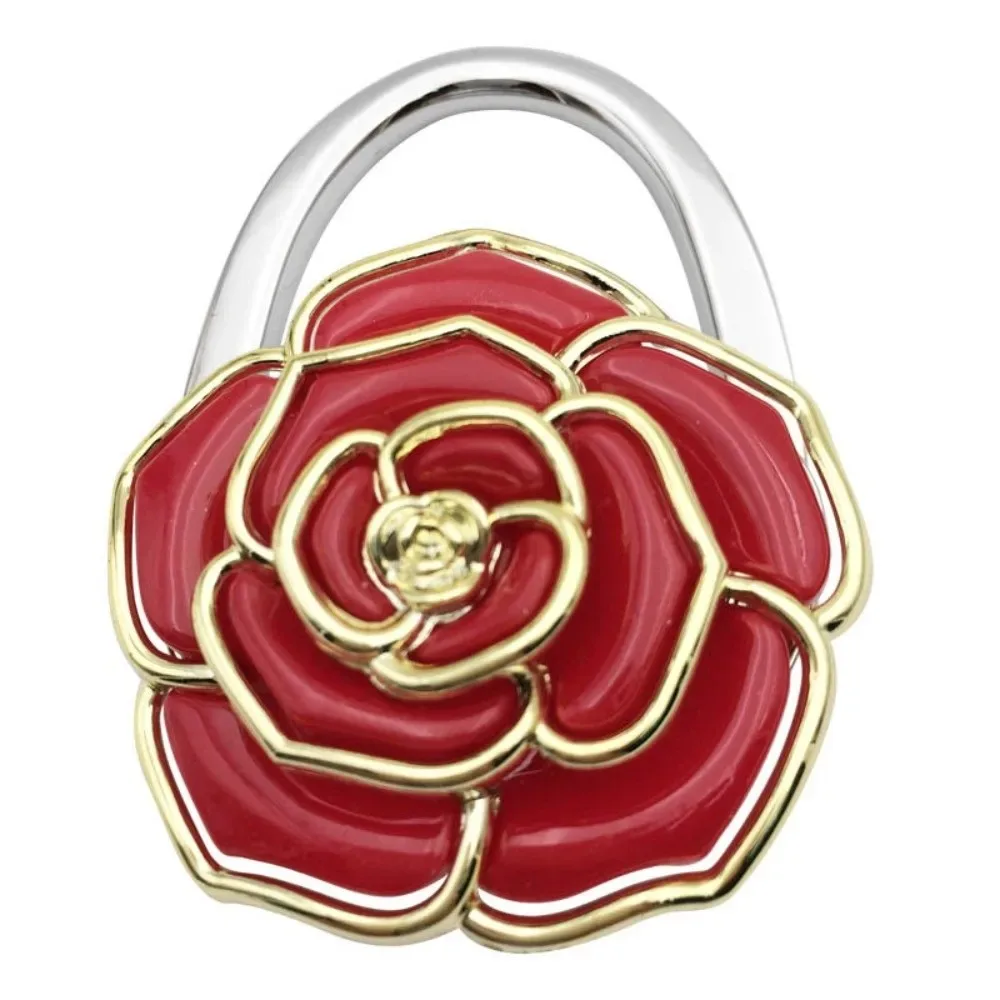 joli crochet pliable pour sac à main en forme de rose, support portable créatif pour porte-documents, support de table durable à bords dorés