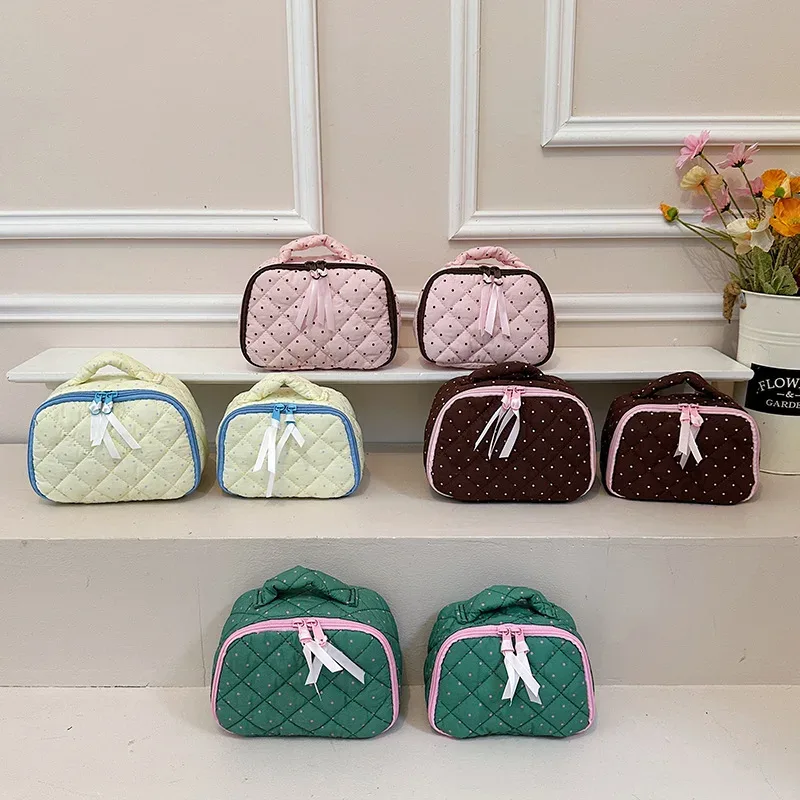 pochette de maquillage pour femme à pois, en coton matelassé, motif imprimé, sac de rangement pour maquillage, trousse de toilette de voyage