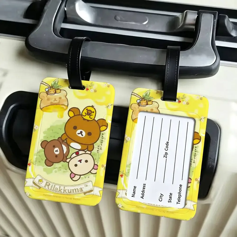 étiquette de bagage de voyage r-rilakkuma mellow-comfy, couverture de carte d'information en pvc, marqueur de nom anti-perte pour sac à dos