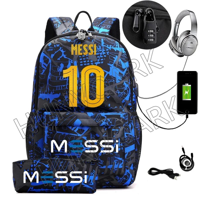 2 pièces messi sac à dos an-ti lock usb femmes hommes capacité adolescents sacs d'école pour ordinateur portable décontracté lycéens mochilas