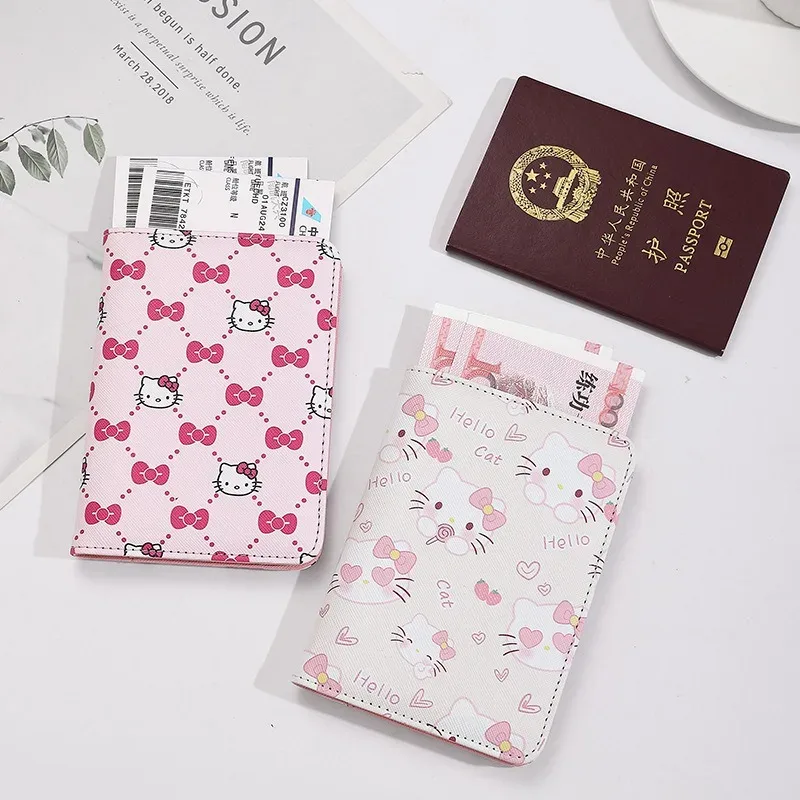 Hello Kitty – couverture de passeport en cuir PU pour femmes, porte-monnaie multifonction pour cartes de crédit, porte-passeport, étui organisateur de billets d'avion rose