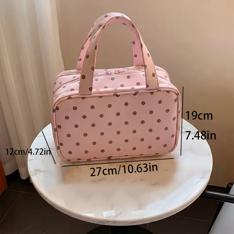 nouvelle trousse de toilette de voyage grande capacité à pois en pu 2026, organisateur de valise suspendu à trois niveaux multi-poches avec poignée robuste