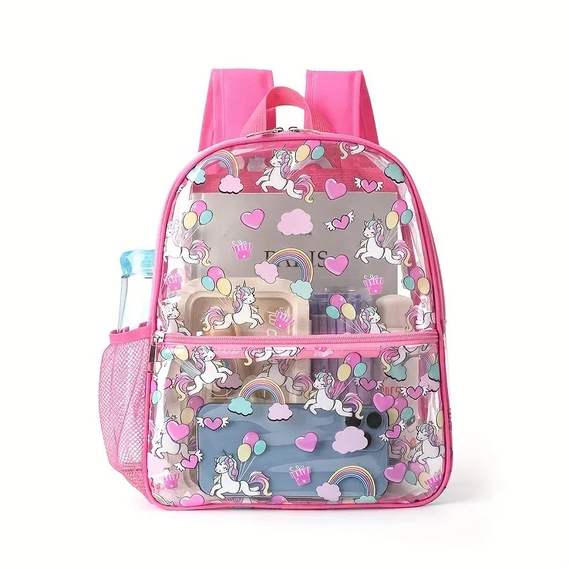 sac à dos transparent licorne, imprimé cœur arc-en-ciel, sac d'école en pvc, sac à dos imperméable pour voyage et plage, sac à dos pour enfants