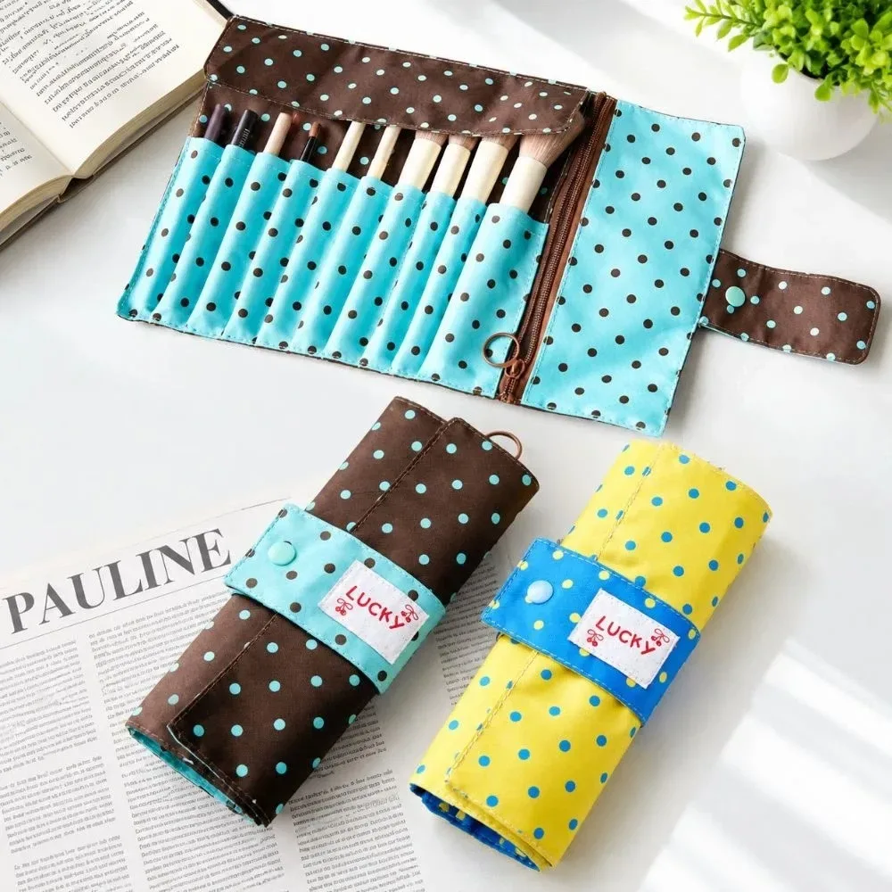 sac de rangement pour pinceaux de maquillage à pois mignons, en toile, 10 compartiments, sac à outils de maquillage portable, sac de maquillage multifonctionnel, pinceaux de maquillage, stylos, etc.
