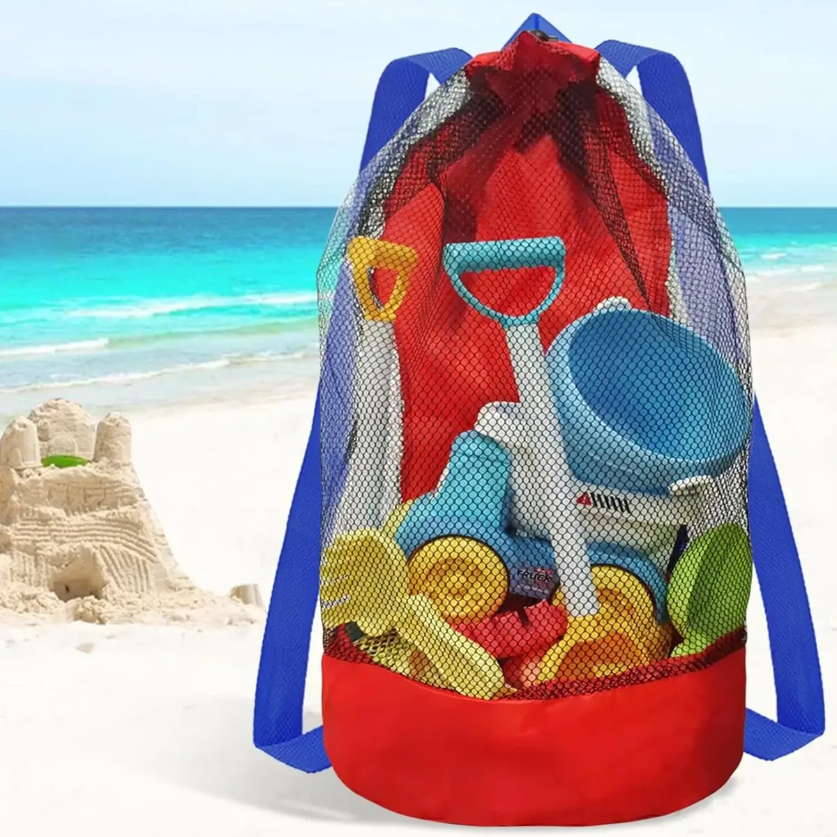 Sac de plage en filet avec cordon de serrage, sac à dos pliable, pochette de rangement pour jouets, sac de plage grande capacité avec sangles réglables, sac de natation