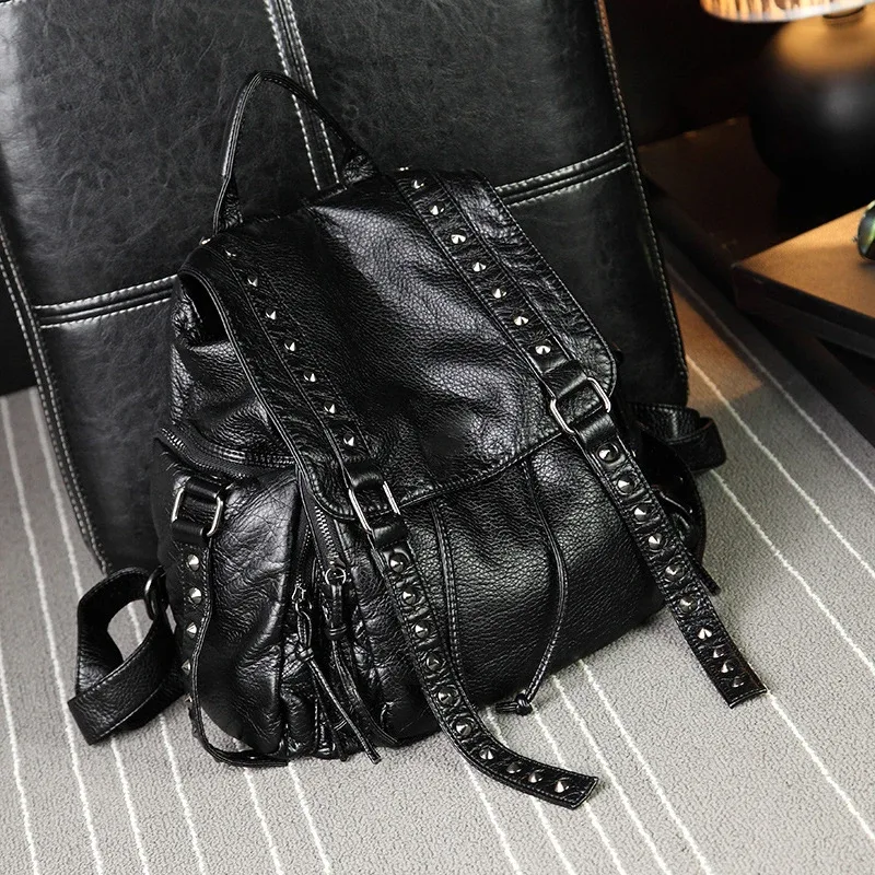 2022 new rivet designer backpacks women genuine sheep leather backpacks punk lady girl big travel bags gothic student school bag