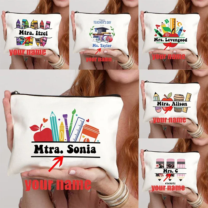 Trousse de maquillage personnalisée avec nom de l'enseignant, sac à main pour femme, meilleur cadeau de graduation pour les enseignants, trousse à crayons, cadeau de retour à l'école