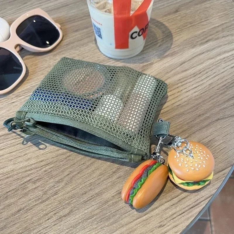 portefeuille court portable en maille, double couche, fermeture éclair, porte-monnaie carré en nylon, porte-carte, sac de rangement de maquillage, nouvelle collection