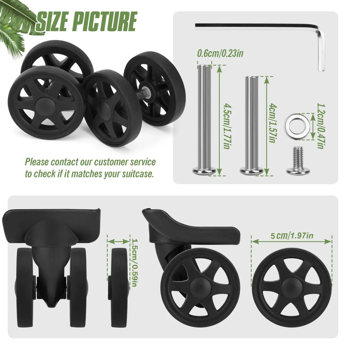 8 roulettes noires pour valise avec vis W/H, roues de remplacement résistantes à l'usure pour bagages, roues de réparation pour chariot, pièces de roulettes de 50 mm
