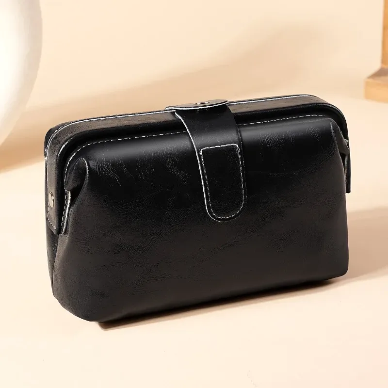 sac à cosmétiques vintage en cuir pu pour femmes et filles, porte-monnaie à boutons de couleur unie, trousse de maquillage de grande capacité, étanche