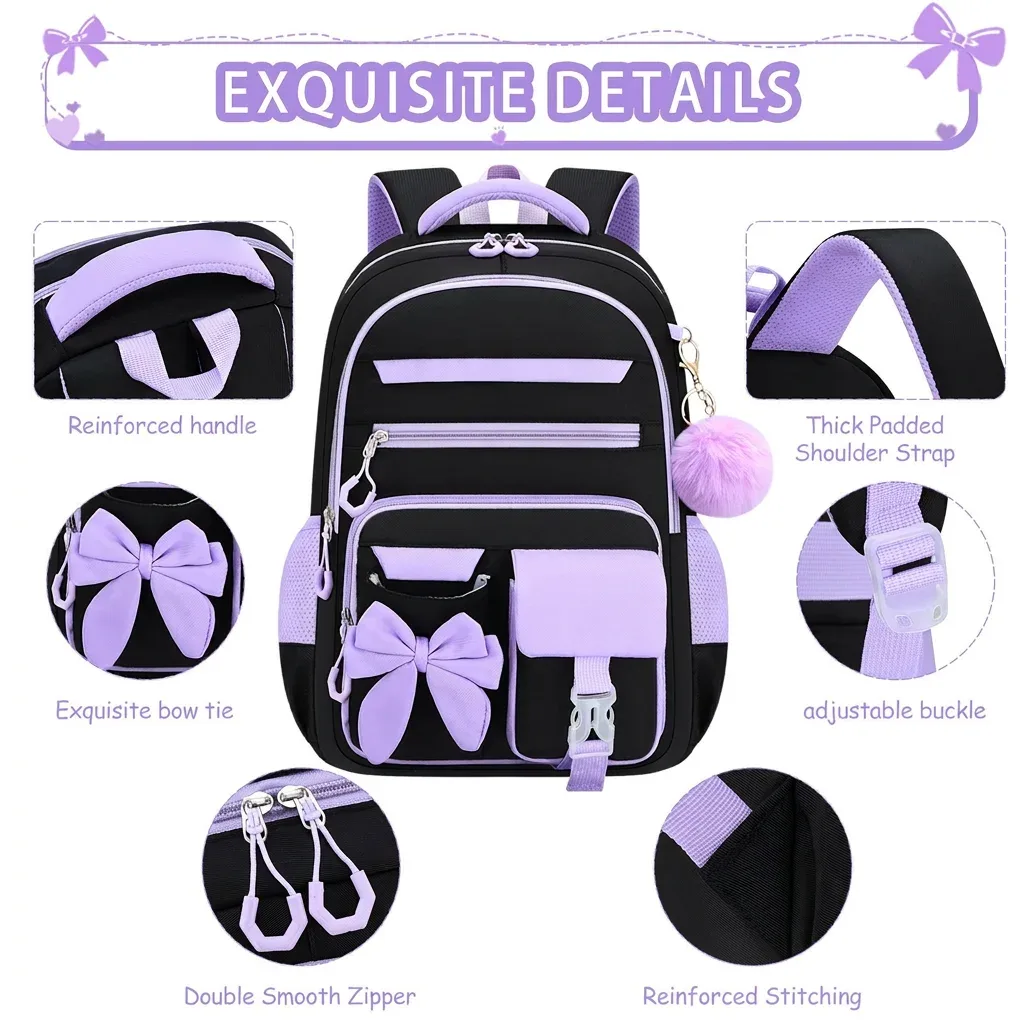 sac à dos scolaire pour filles, multi-poches, avec nœud, ensemble de sacs d'école, sac à dos pour l'école primaire, sac à dos ergonomique pour les voyages en plein air