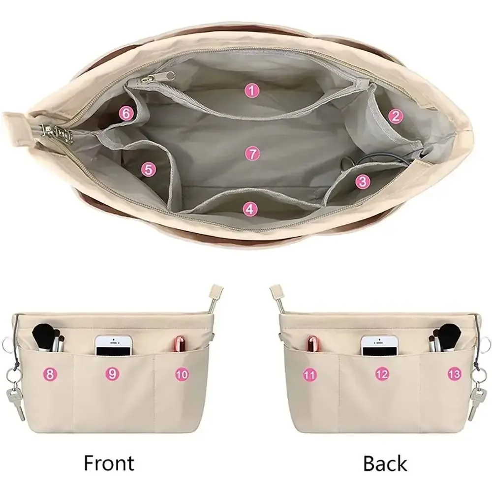 organisateur de cosmétiques vintage, sacs de rangement avec fermeture éclair, sac à main multi-poches, sac intérieur multifonctionnel de couleur unie pour femmes