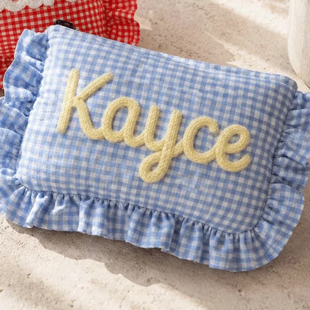 trousse de maquillage personnalisable à carreaux et volants avec nom, organiseur à carreaux vintage, trousse de toilette portable – un excellent cadeau pour les meilleures amies