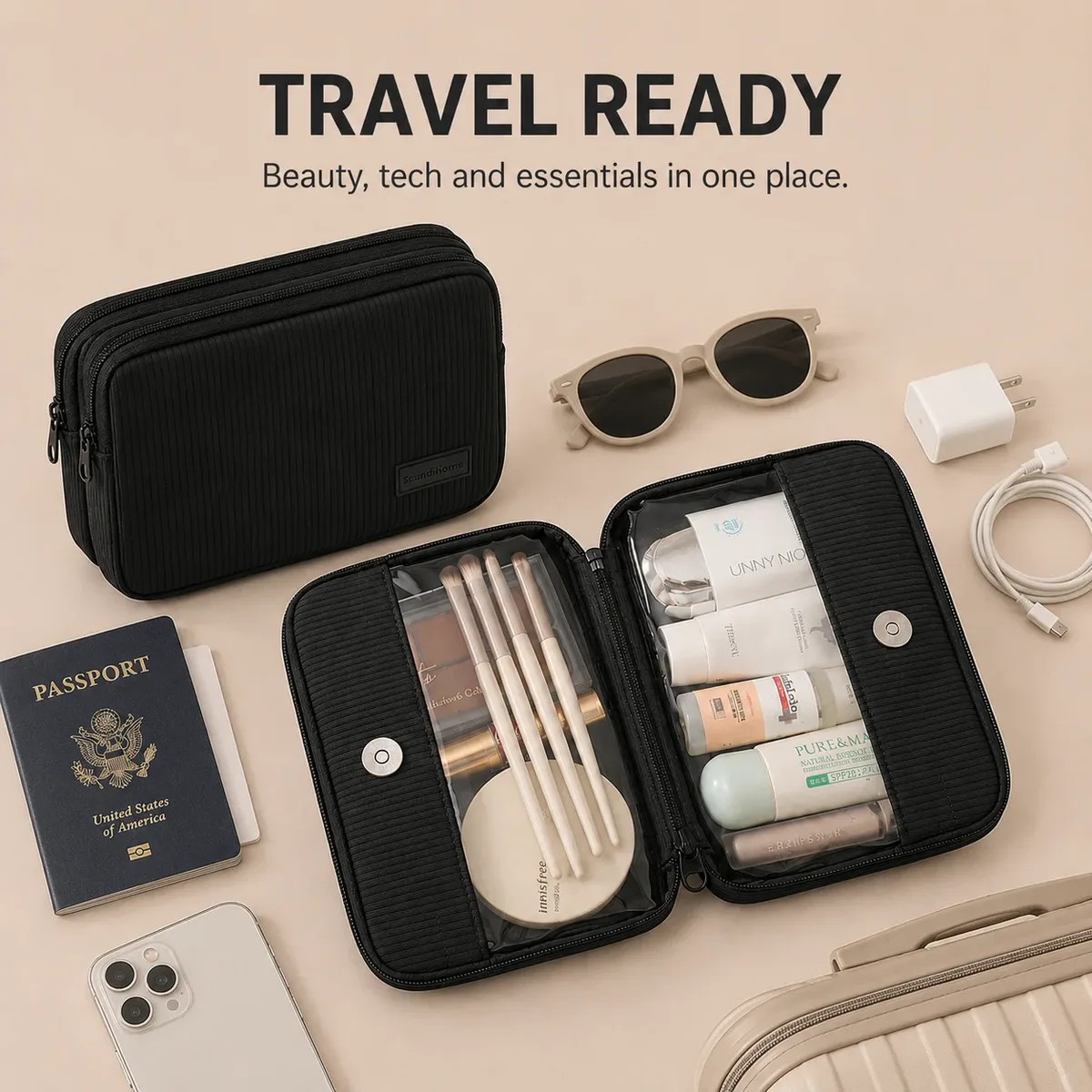 trousse de maquillage de voyage transparente en pvc, organisateur cosmétique en polyester côtelé, pochette de toilette à compartiments séparés, étui de rangement portable pour articles de beauté