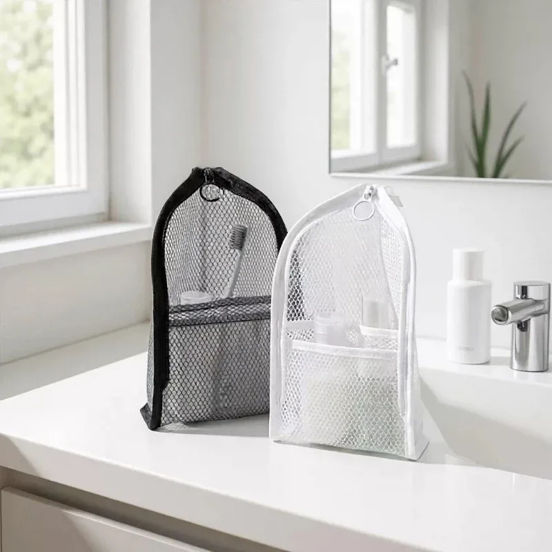 sac de rangement portable pour articles de toilette pour les voyages et les déplacements professionnels - trousse de toilette avec couvercle en maille pour sac à maquillage vertical