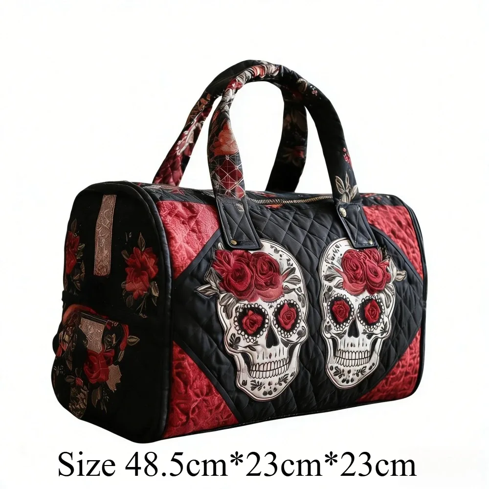 sac de voyage matelassé 3d vintage gothique imprimé crâne et rose, sac de week-end, bagage cabine, sac à main y2k style motard chic, sacs de vacances uniques