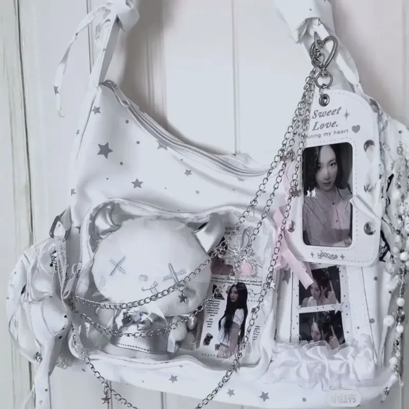 sac à bandoulière transparent à motif étoile avec volants, pochette ita, sac hobo, sac de collection pour fans, sac à main avec fenêtre transparente pour cartes photo
