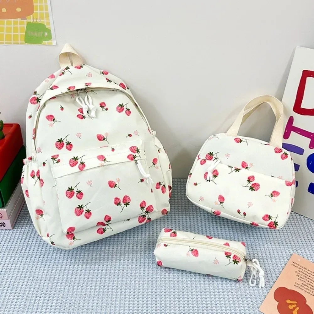 sac à dos fraise en tissu oxford, sac d'école réglable de grande capacité, style preppy avec sac à déjeuner et trousse à crayons, sac à dos de voyage