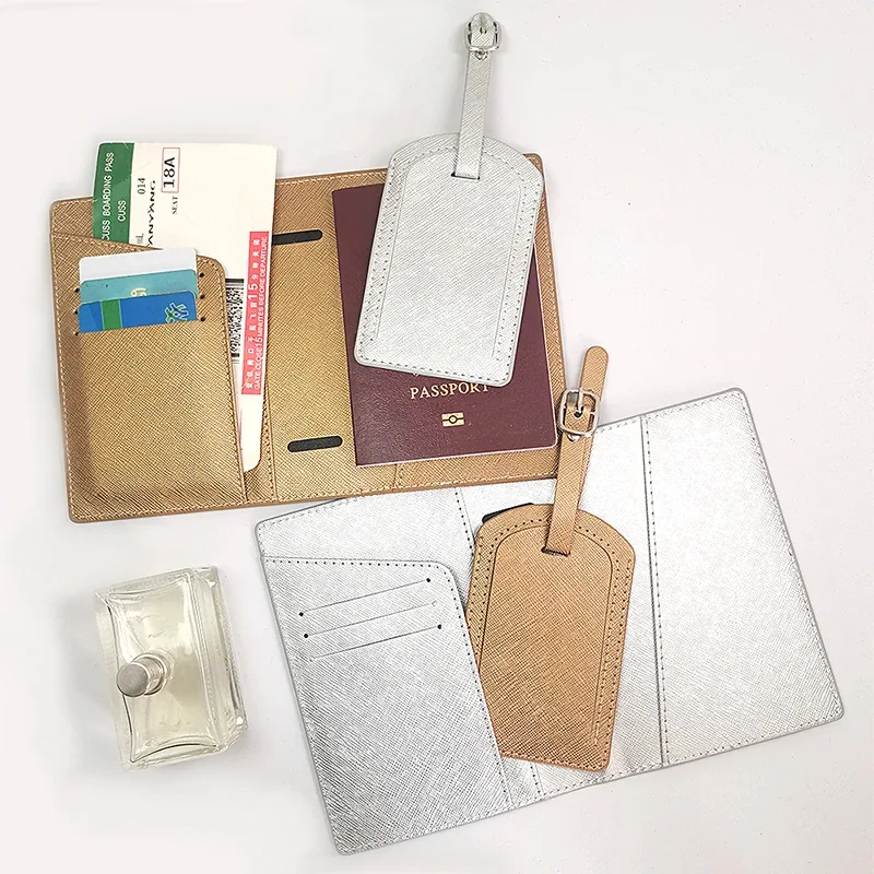ensemble de couverture de passeport et d'étiquette de bagage en cuir pu de luxe avec boîte, porte-passeport personnalisé avec nom, étiquette de valise personnalisée, vente en gros, cadeau