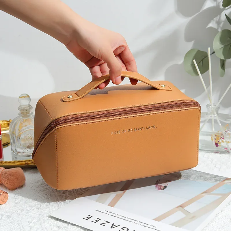 trousse de maquillage de voyage, sacs de rangement de cosmétiques de grande capacité pour femmes, trousses de toilette imperméables en cuir pu, maquillage plat à large ouverture