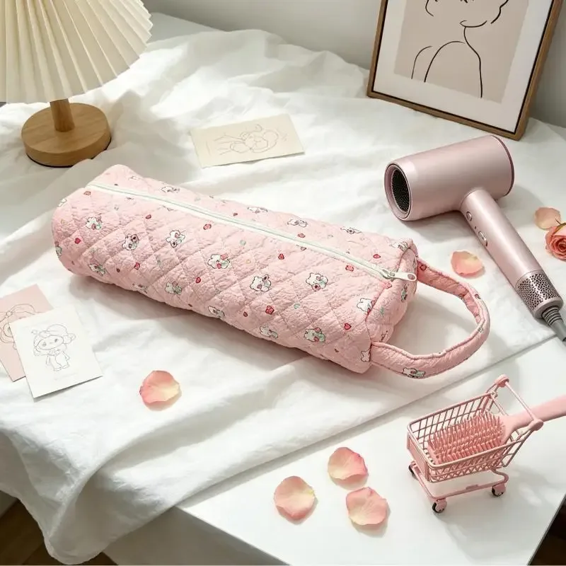 sac de rangement matelassé pour sèche-cheveux avec imprimé floral mignon, poignée portable, grande capacité, étui de transport pour voyage, organisateur de salle de bain